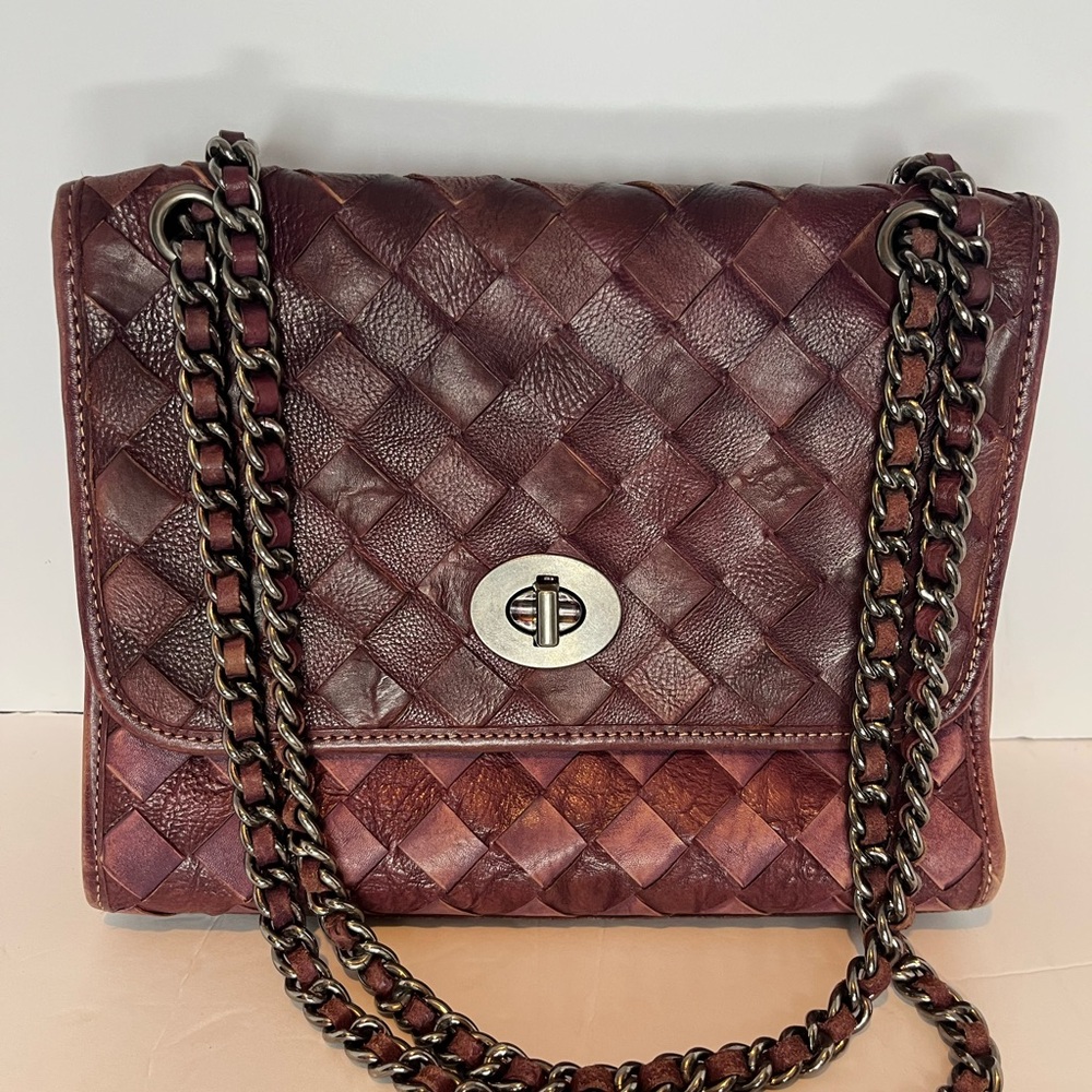 Elegant Brown Woven Leather Shoulder Bag with chain strap